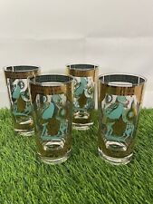 Hi-ball Cocktail Glassware Fred Press Horses Set 4 1960s Turquoise 22 Karat Gold picture