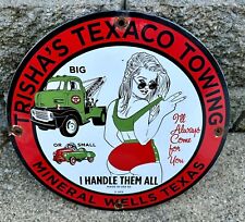 VINTAGE TEXACO PORCELAIN SIGN FIRE CHIEF WOMAN GIRL FIREMAN TEXAS GAS OIL PLATE picture