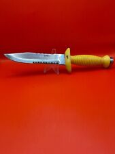 VINTAGE AQUA LUNG DIVING KNIFE YELLOW HANDLE SERRATED AND SAW -  picture