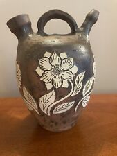 Vintage Nordic Clay  Hand Etched Brown Red Ware Jug Vase 8 1/4” High picture