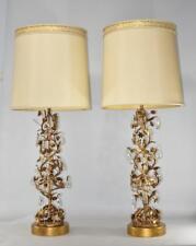 Pair Mid Century Modern Marbro Italian Tole Gilt Crystal Floral Vine Lamps picture