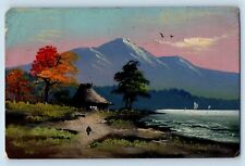 Handpainted Postcard Art Mt. Fuji Hand Drawn Hut Sea View c1910's Posted Antique picture