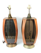 Pair Mid Century Smoke Plexiglass Walnut Table Lamps picture