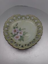 Vintage Porcelain Signed Hand Painted Floral Lattice Heart Gold Edged Plate picture