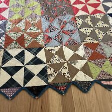 Antique Quilt Scrappy Half Square Triangles Sawtooth Binding Hand Stitched 70x76 picture