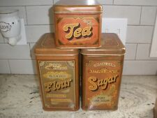 VTG 70s Set of 3 Cheinco Tin Canisters & Lids Tea  Sugar Flour Brown Metal picture