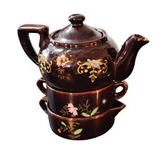 Vintage Japanese Moriage Redware Brown Teapot Matching Stackable Sugar & Creamer picture