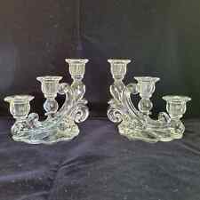 Vintage Cambridge Caprice Candlestick Pair 3 Light Cascade Clear Pressed Glass  picture