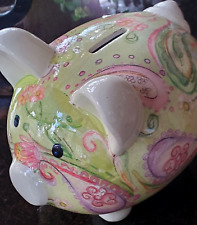 Colleen Karis Paisley Piggy Bank, Green purple pink floral paisley design 11 in picture