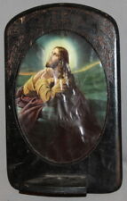 VINTAGE ENGRAVED WOOD HOLY WATER FONT WITH PRAYING JESUS PRINT picture