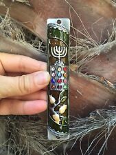  Enamel Door Mezuzah Decorated Case with Menorah Hoshen 12 Tribes Jerusalem 5`` picture