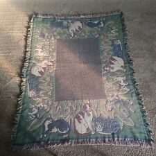 Vintage Blue Green Woven Tapestry Cats Throw Blanket Fringed Cats 48
