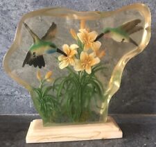 Lucite Resin Vintage Hummingbird Art Reverse Carved Hand Painted On Pedestal picture