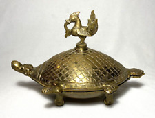 Interesting Vintage Solid Brass 2-Pc Detailed TURTLE BOX w/Bird & Fish on Wheels picture