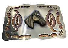Metal Belt Buckle Horse Head Silver W/Oxidized Copper Insets Western Look 3x1.5” picture