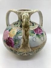 Antique Nippon hand painted Porcelain vase floral Pinks Greens Yellow gold Trim picture