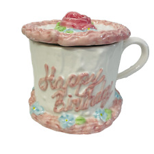VTG NEW Teleflora Gift Happy Birthday Floral Cake Mug Covered Cup Lid Pick *flaw picture
