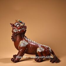 China Dynasty Palace Old Pure Copper Gilding Vermeil Foo Dog Lion Beast Statue picture