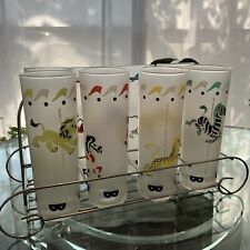 8 Vintage Libbey Circus Animals Living  Carousel Frosted Glasses  With Caddy picture