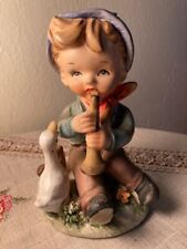 Vintage Porcelain 1950s Hummel Style Boy Playing Horn with a Goose picture