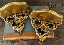 Pair~Vintage Gold Gilt Wood Wall Sconce Shelves Hollywood Regency Ornate Scroll picture