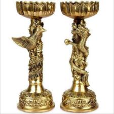 1pair 17.8cm Chinese Handmade Carving Brass Dragon Phoenix Candlestick Decor picture