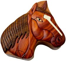 Horse Handcrafted Carved Intarsia Wood Puzzle Box Jewelry Trinket Box picture