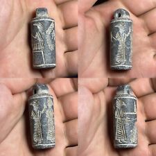Near Eastern Old Stunning Old Black Stone Intaglio Cylinder Seal Old Pendant picture
