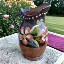Vintage Mexican Redware Pottery Folk Art Pitcher Hand Painted Floral 8x6 picture