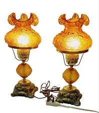 2 Fenton Art Glass Lamps Brass Base MCM Amber Rose Floral Poppies Lamps 21