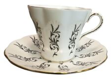 Elizabethan Bone China Cup & Saucer Black Scoll Leaves White Gold Rim England picture