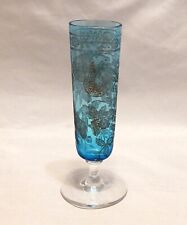 Vintage Blue Bud Vase Etched Glass with Footed Bottom  picture