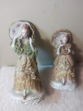 Vtg Dresden Type Porcelain Figurine Ladies w Parasols 1 Pink 1 Green 30's Japan  picture