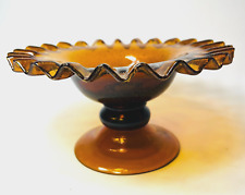 PEDESTAL CANDY DISH   AMBER GLASS BOWL WITH RUFFLED EDGE COMPOTE VINTAGE 9 WIDE picture
