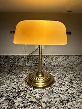 Vintage Orange Yellow Amber Glass Shade Bankers Lamp Brass picture