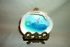 MINIATURE OIL PAINTING OCEAN BOAT SEA SHELL ART SIGNED EASEL SOUVENIR VINTAGE picture
