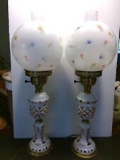 Vintage Pair of Bohemian White Cut to Peach/Pink Glass Lamps picture