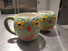 2 Cracker Barrel Owl Coffee Mugs 24oz Cup Green with Flowers Textured Oversized  picture