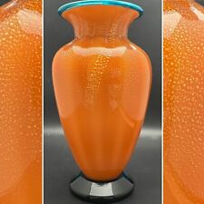 Chatham Cased Art Glass Orange & Blue Gold Speckled Optic Vase Made in USA 11