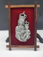Vintage Signed SA Italy Pewter Silver Madonna Child Olive wood Frame Wall Hang picture