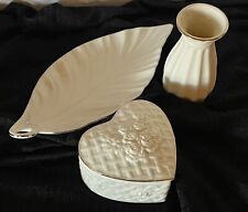 Lenox 3 PCs Leaf Dish Silver Trim~Lenox Bud Vase Gold Trim~Lenox Like Heart Dish picture