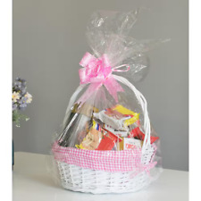 White round Willow Gift Basket, with Pink Gingham Liner and Handle- Small picture