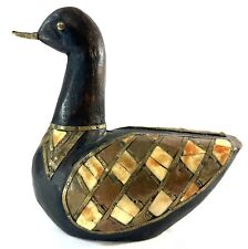 Vintage Wooden Duck Hammered Brass Copper Stone Inlay Folk Art Boho Home Accent picture