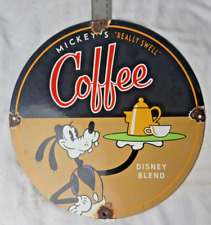VINTAGE MICKEY'S COFFEE DISNEY PORCELAIN SIGN PUMP PLATE GAS STATION OIL SERVICE picture