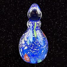 Murano Art Glass Perfume Bottle Cobalt Blue Silver Flecks Large Millefiori Vtg picture