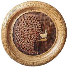 RARE. SET OF TWO Vintage 1970s Wicker Peacock Wall Hanging Boho Rattan Woven Art picture