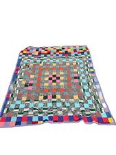 Vintage Quilt Multicolor Quilted Blanket 1970s To 80s Hippie Theme  82 “ X 63” picture