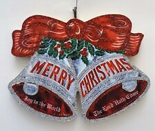 SILVER BELLS w RED RIBBON BOW, HOLLY Glittered WOOD CHRISTMAS ORNAMENT * Vtg Img picture