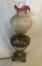 Antique GWTW Victorian Parlor Lamp Electric Cranberry Etched Satin Glass Shade picture