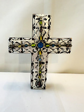 VTG HANDMADE SMALL CROSS TOOLED TIN MEXICO WITH GLASS BEADS SIGNED & DATED 5